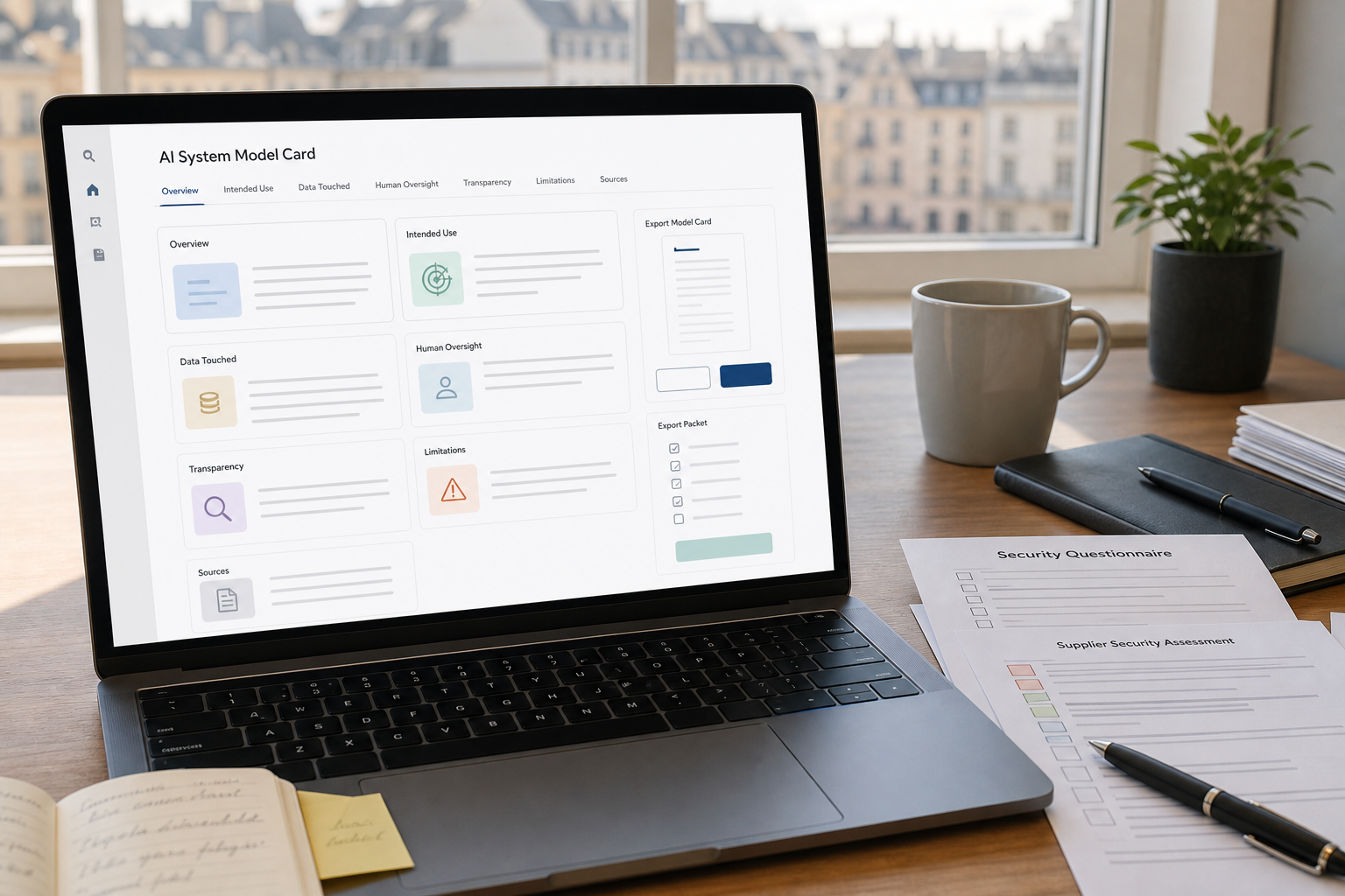 Laptop displaying AI documentation cards beside a security questionnaire